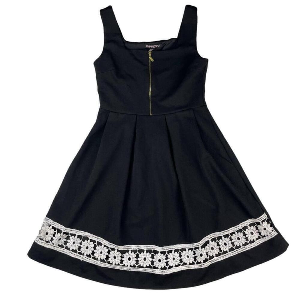 Impress Dress Womens XS Black Fit & Flare Embroidered Square Neck Front Zipper